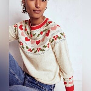 Boden Edie Fair Isle Hearts Wool Blend Jumper, Oatmeal